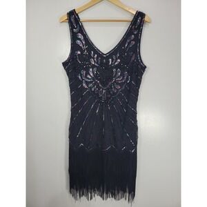 Babeyond Women XL Black Iridescent Sequin Beaded Fringe Flapper Gatsby 20s Dress
